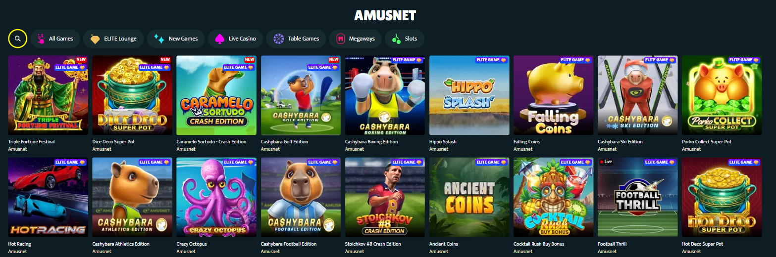 Amusnets ELITE-märkta spel på SlotSpice med hela Cashybara-serien, Triple Fortune Festival och Hot Deco Super Pot