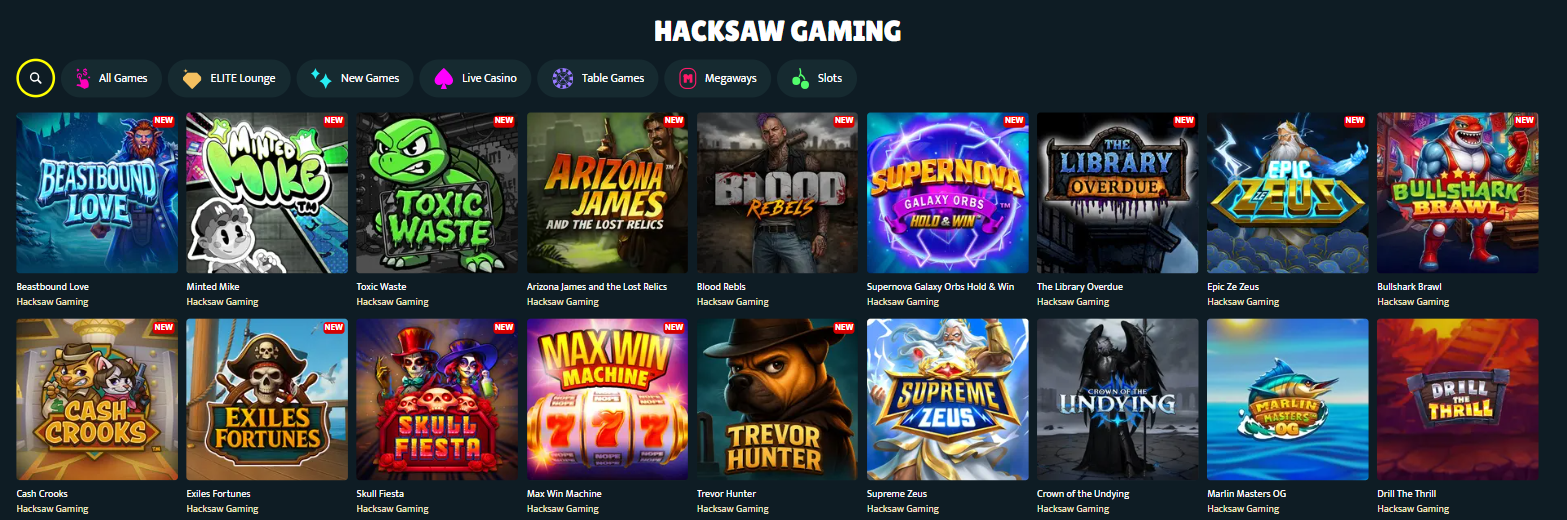 Hacksaw Gamings titlar hos SlotSpice, bland andra Minted Mike, Toxic Waste och Bullshark Brawl