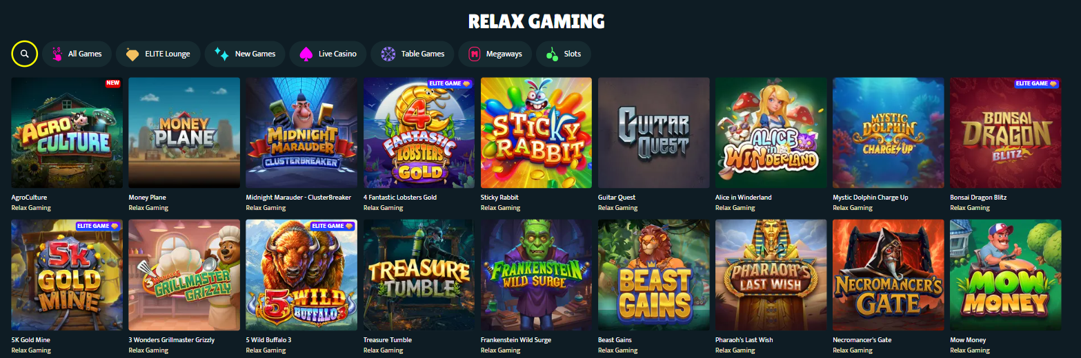 Relax Gamings spel på SlotSpice, däribland Money Plane, Treasure Tumble och Bonsai Dragon Blitz